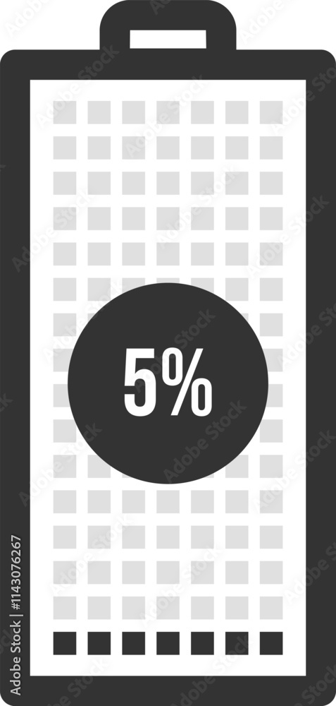 Poster simple battery icon with a charge indicator showing 5 percent remaining, visualized as a grid with a