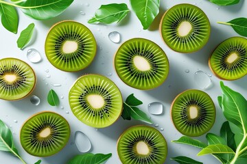 Floating Kiwi Slices Interspersed with Fresh Green Leaves on a Light Background: A Refreshing Medley of Juicy Fruit