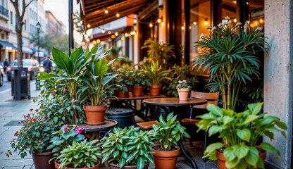 Street cafe with cheerful atmosphere surrounded by various potted plants and flowers