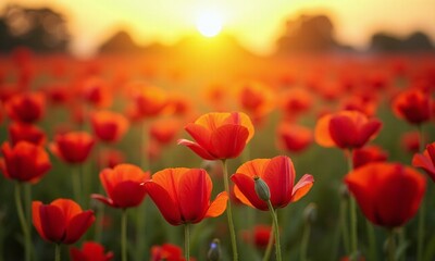 Fototapeta premium Red poppies field golden sunset warm light bokeh