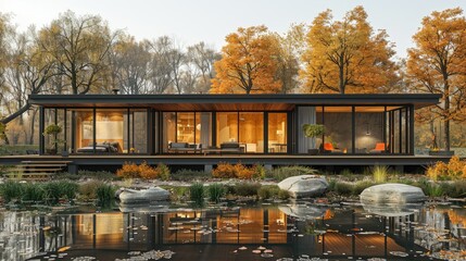 Modern house by a serene pond surrounded by autumn foliage.