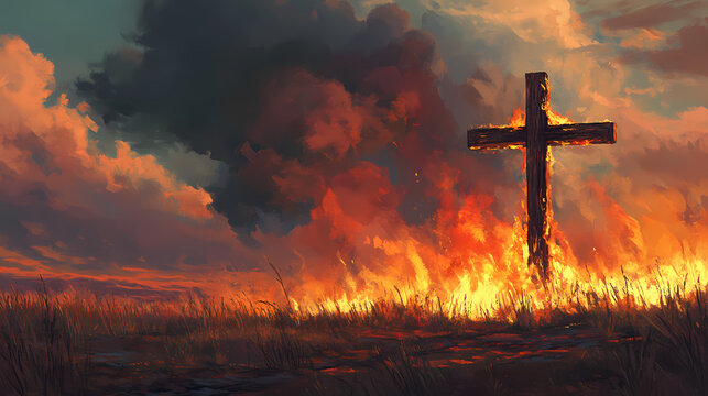 Burning wooden cross standing alone in open field, with dark clouds rolling in overhead, sacred, holy. Brimstone. Illustration