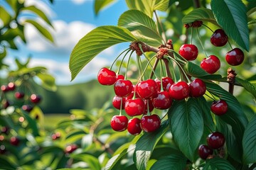 Lush Green Foliage and Bright Summer Sky with Vibrant Cherries