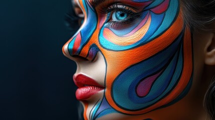 Close-up of a model with intricate face art painted in vibrant colors, showcasing artistic expression and