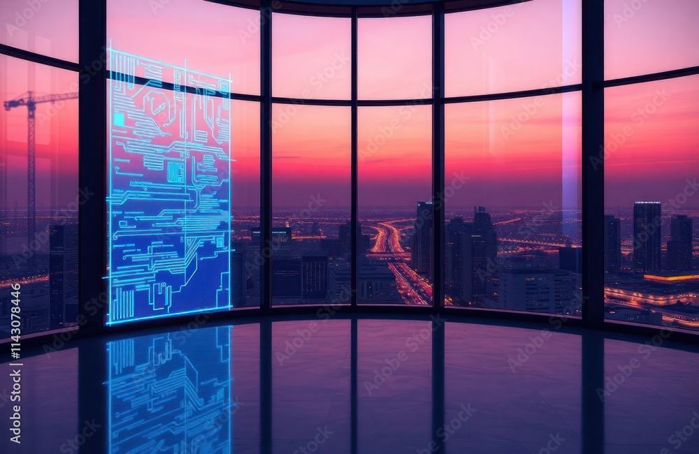 Poster virtual hologram interface displays building design plans. modern residence construction project vis