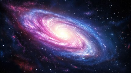 Obraz premium Close-up of a spiral galaxy with bright center, showcasing colorful dust lanes and clusters of stars.