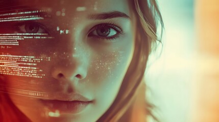  A close-up of a young woman with a digital interface overlay with binary codes and technology imagery on a cool gradient background blending human and futuristic themes