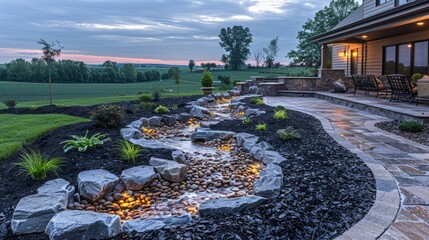 Serene backyard landscape featuring a winding water feature and lush greenery.