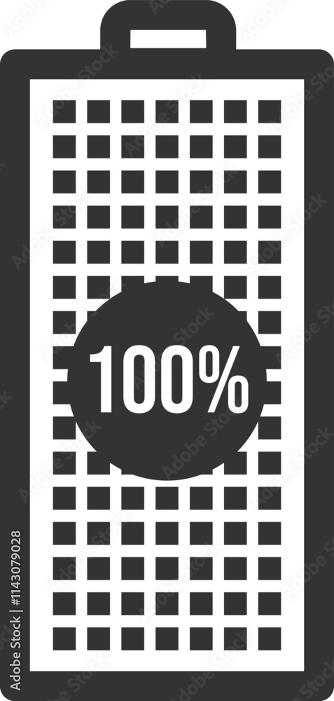 Poster displaying a fully charged battery icon with a vibrant 100 percent power level, representing complet