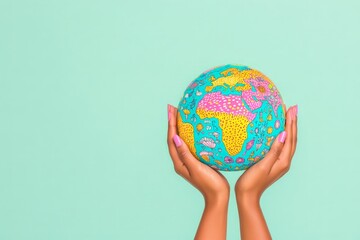Vibrant hands holding a detailed, colorful globe on a pastel green background, symbolizing care, diversity, and global unity.