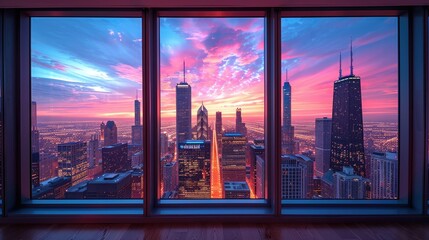 Stunning city skyline at sunset viewed through large glass windows.