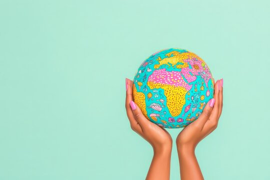 Vibrant hands holding a detailed, colorful globe on a pastel green background, symbolizing care, diversity, and global unity.