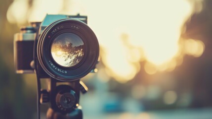 Naklejka premium Contemporary camera on a tripod capturing the warm glow of a sunset, with reflections visible in the lens, blending technology with natural beauty. AI generated.