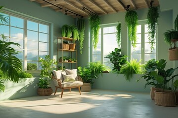 Serene Airy Loft Surrounded by Lush Greenery and Dynamic Shadow Effects for Effective Branding and Product Display