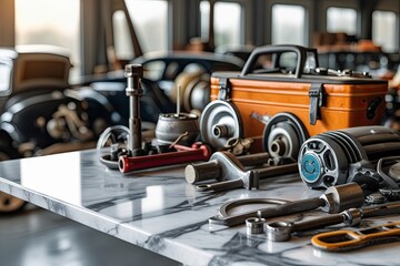 Fototapeta premium Elegant Marble Tabletop with Vintage Automotive Tools and Parts in Soft-Focus Background Showcasing Craftsmanship