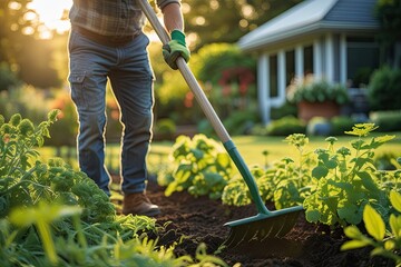 Expert Gardening Techniques with Hoe on Bright Summer Morning in Home Garden