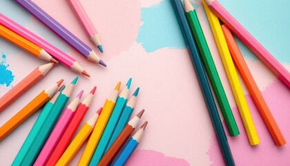 Fototapeta premium Colorful assortment of colored pencils arranged on pastel pink, light blue background. Creative art supplies perfect for kids crafts school projects. Vibrant colors displayed. Ideal for education,