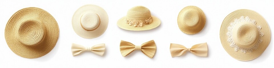 Charming Straw Hats with Ribbons and Bows: Isolated Top View Collection for Fashionable Summer Beach Outings