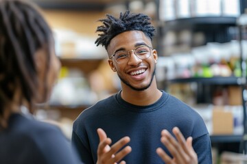 Fototapeta premium Male office gossiping to another employee, mid-20s, casual attire, smiling and gesturing in a retail environment, with shelves in background 3