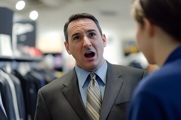 Close-up of a male office gossiping, wearing a suit, talking enthusiastically to a retail associate in a professional environment 5