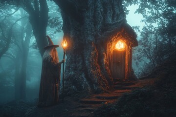 Baba Yaga witch standing next to an ancient tree house, holding a staff with glowing light, surrounded by dark forest, atmospheric mist, mysterious and magical ambiance 4