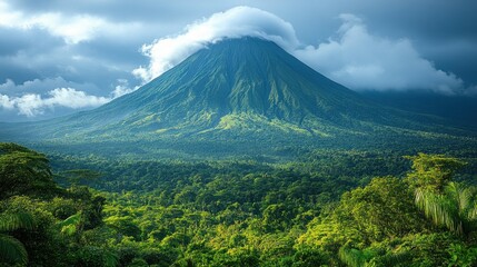 Fototapeta premium Majestic volcano rising above lush green rainforest under a dramatic sky.