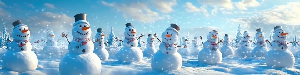 Obraz premium Festive Scene of Multiple Snowmen in a Winter Wonderland: Merry Christmas & New Year Greetings with Scenic Background