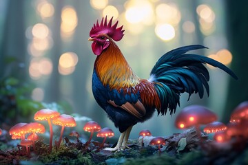 Fototapeta premium A vibrant rooster amidst bioluminescent mushrooms in a mystical forest, soft sunlight illuminating its colorful feathers, misty atmosphere, magical vibes 1
