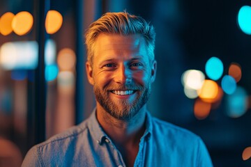 Fototapeta premium A tall man in his late 30s with blond hair and a beard, standing and smiling naturally in a blue-lit void, soft lighting creating a peaceful, relaxed atmosphere 1