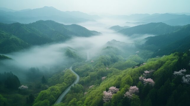 Rolling misty hills with vibrant green fields and soft clouds
