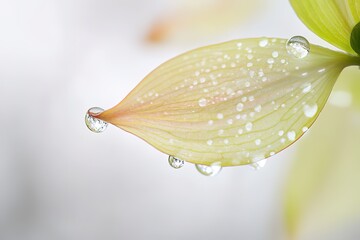 Dew drops on petal, translucent against light.