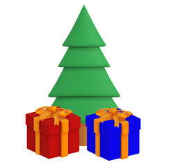 Christmas tree with gifts 3d on png transparent background.