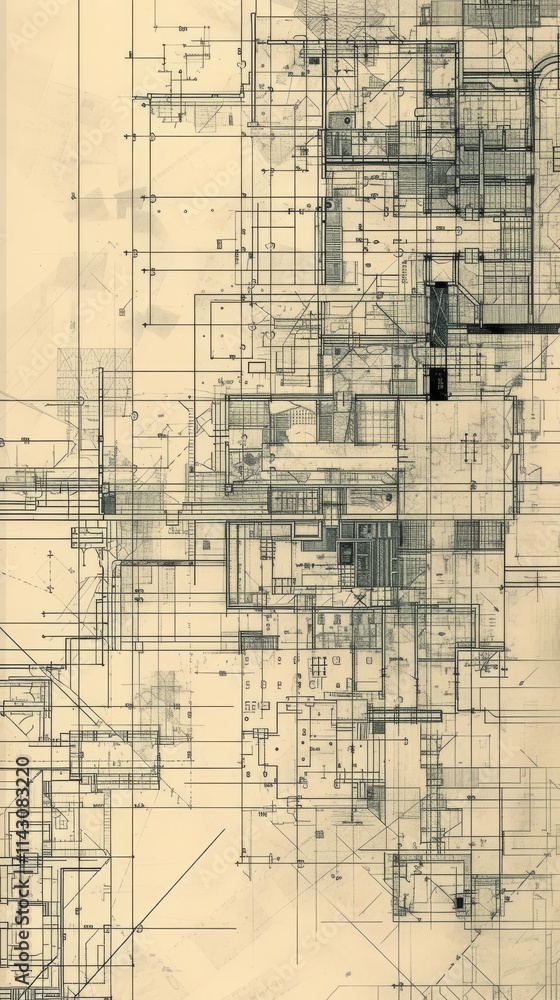 Poster complex and abstract technical city blueprint showcasing detailed geometric lines, architectural gri
