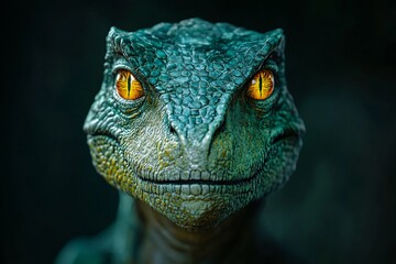 Fototapeta premium A self-portrait of a highly intelligent green TYREX, looking distinguished, with glowing eyes, fierce expression, and detailed scales 5