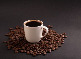 photo coffee beans and a cup of coffee, bean, roasted coffee bean, energy, shop, natural, drink, copy space, brown, view, espresso, cafe, caffeine, cup, aromatic,  roasted, black