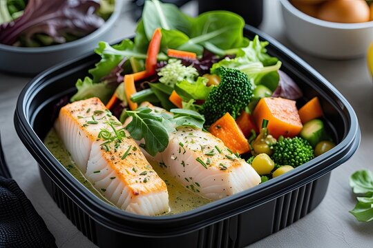 Sustainable Fitness Meals in Trendy Black Container with Baked Cod Leafy Salad and Mixed Vegetables in Cozy Workout Environment