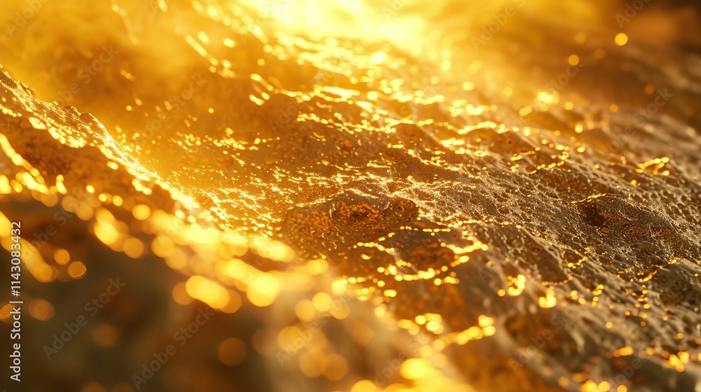 Poster shimmering golden liquid texture in close-up, creating an abstract visual of molten gold with dynami