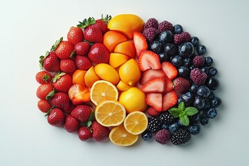 Brain made out of fruits and vegetables isolated on white background
