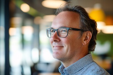 Fototapeta premium A male manager with glasses, profile view, relaxed and smiling, modern office environment with bright lighting 4