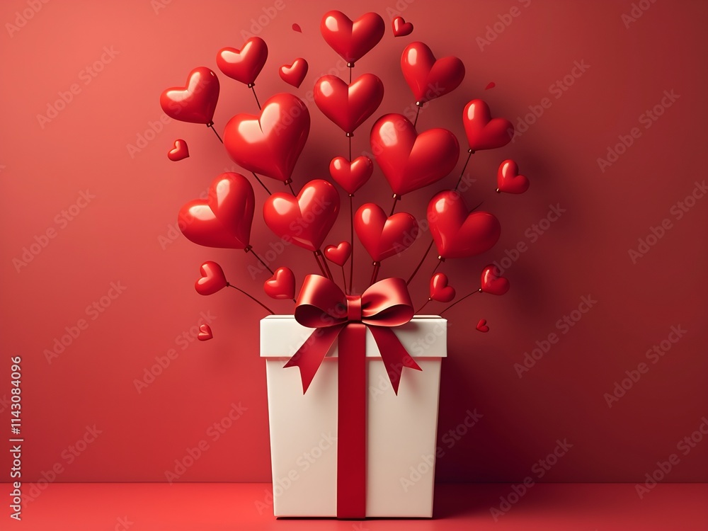 Poster white gift box adorned with a red ribbon and bow, surrounded by a cluster of red hearts against a re