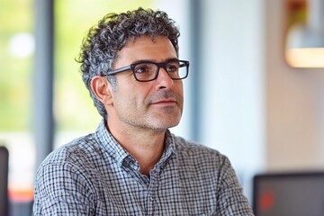A male manager, looking calm and content, profile view, casual shirt and glasses, working in a bright office 6