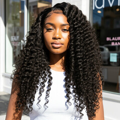 beautiful african american model wearing all brazilian long loose curly hair extensions. standing outside on a sunny day in front of a beauty store