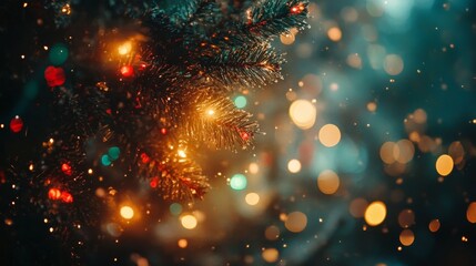 Christmas tree with glowing lights and festive bokeh