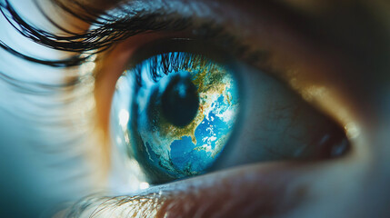 Earth globe reflection in human eye, blue planet vision concept, world environment seen in iris closeup, global imagination, surreal nature perception.
