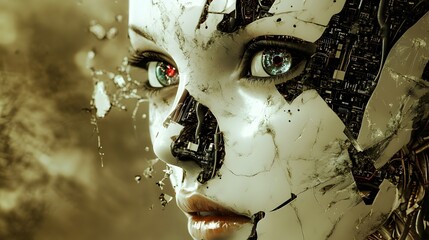  An android death reveals bio-circuits beneath a broken porcelain beauty in biopunk digital art