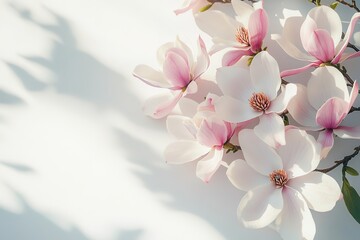 Blooming magnolia branches on sunny background with shadows