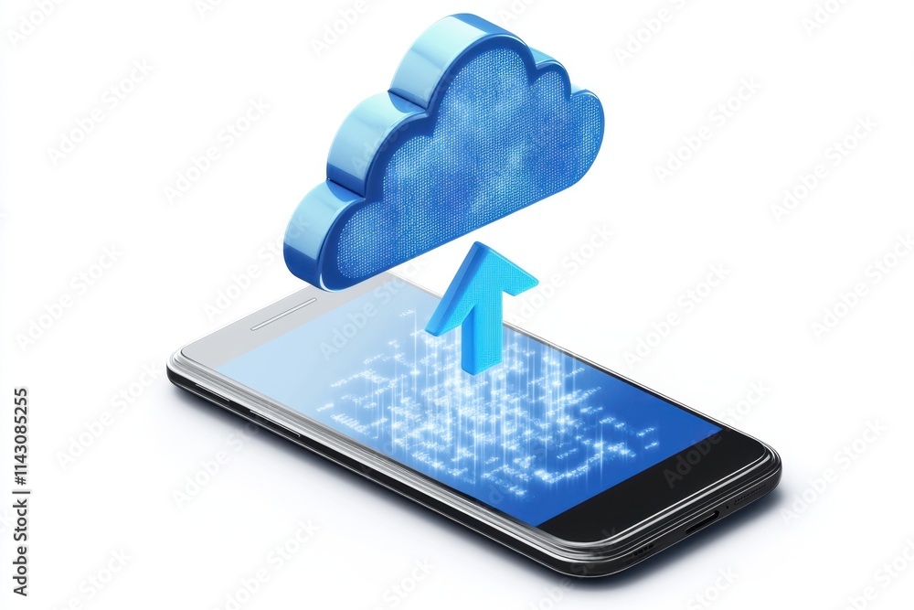 Poster a smartphone with a cloud icon on a white background, a blue arrow pointing up to the right symboliz