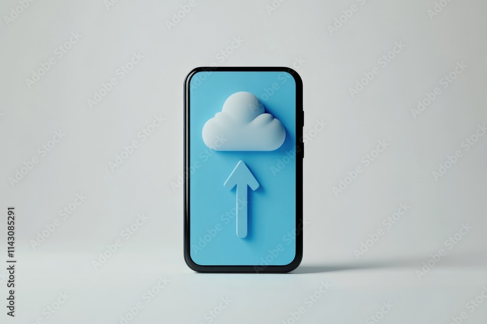 Poster 3d render of a simple, minimalistic blue cloud icon with up and down arrows on a smartphone screen, 