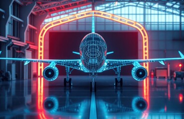 Future airplane tech. Futuristic plane model. Virtual hologram interface. Wireframe design. Airplane blueprint. Neon lighting effects. Modern aviation design. Concept for future air travel.