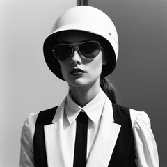 Black and white portrait of a young Caucasian woman wearing a white helmet, aviator sunglasses, and a black and sleeveless jacket and tie with a white shirt. Plain background.